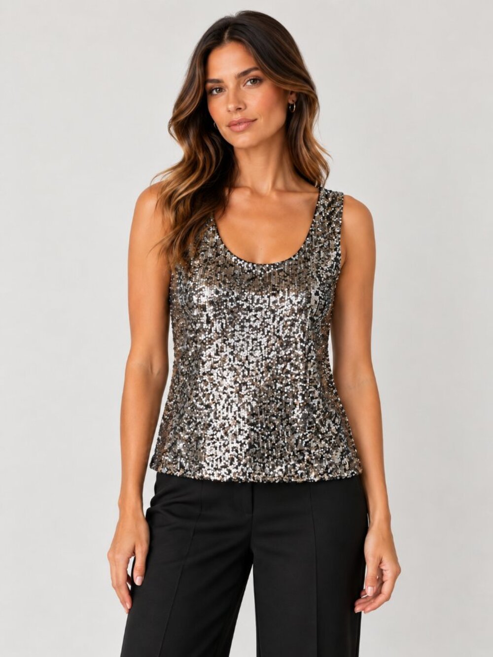 REITMANS Sequin Sleeveless Stretchy Top - Silver/Black Fits Like Size Small